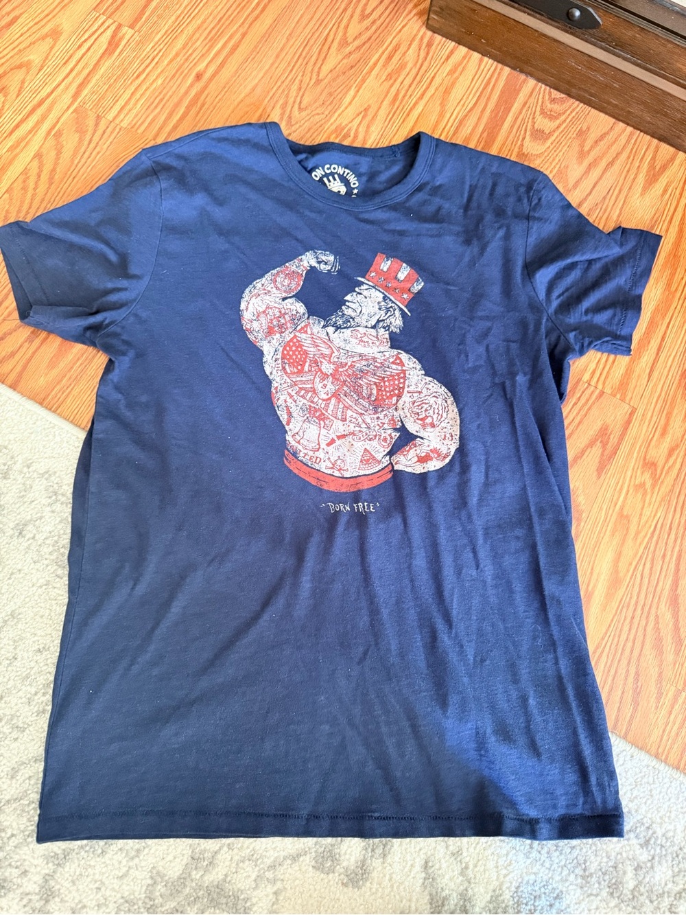 Men's Navy Graphic T-Shirt - Patriotic Muscle Uncle Design Born Free